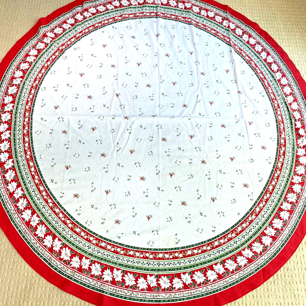 Vintage Christmas Tablecloth White Cotton Red & Green Border Oval Retro Holiday